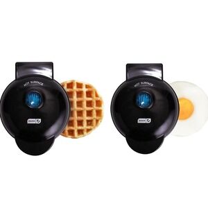 Dash Mini Maker 2 Pack Black Waffle Maker and Griddle DMW001BK Nonstick 4 inch
